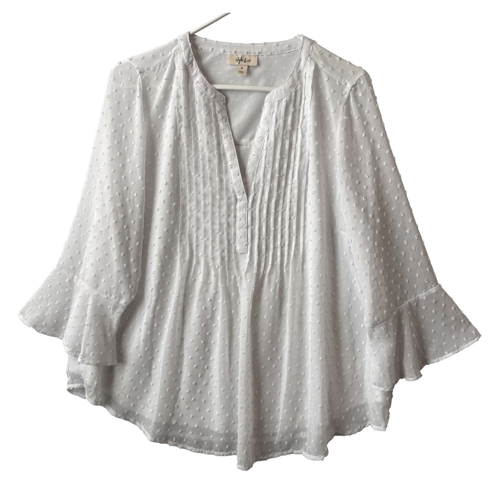 Style & Co Sheer White Swiss Dot Pintuck Ruffle Sleeve Blouse 0X Cottage Boho
